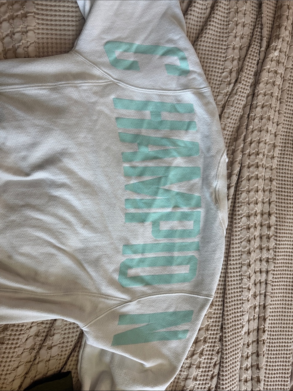 Champion Cream Crewneck Sweater with Mint Green Logo